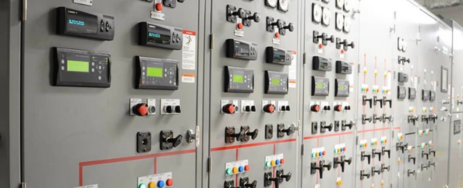 Automatic transfer switch control panels for a commercial standby generator and emergency power system.
